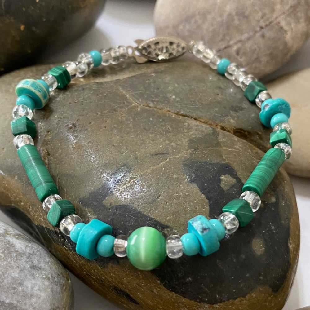 Handmade Turquoise Green Cats Eye and Jasper Stone Beaded Artisan Bracelet